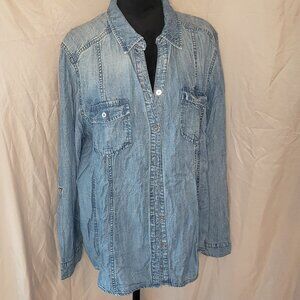 Chico's Size 3 Long Sleeve Blue Denim Button Down Shirt